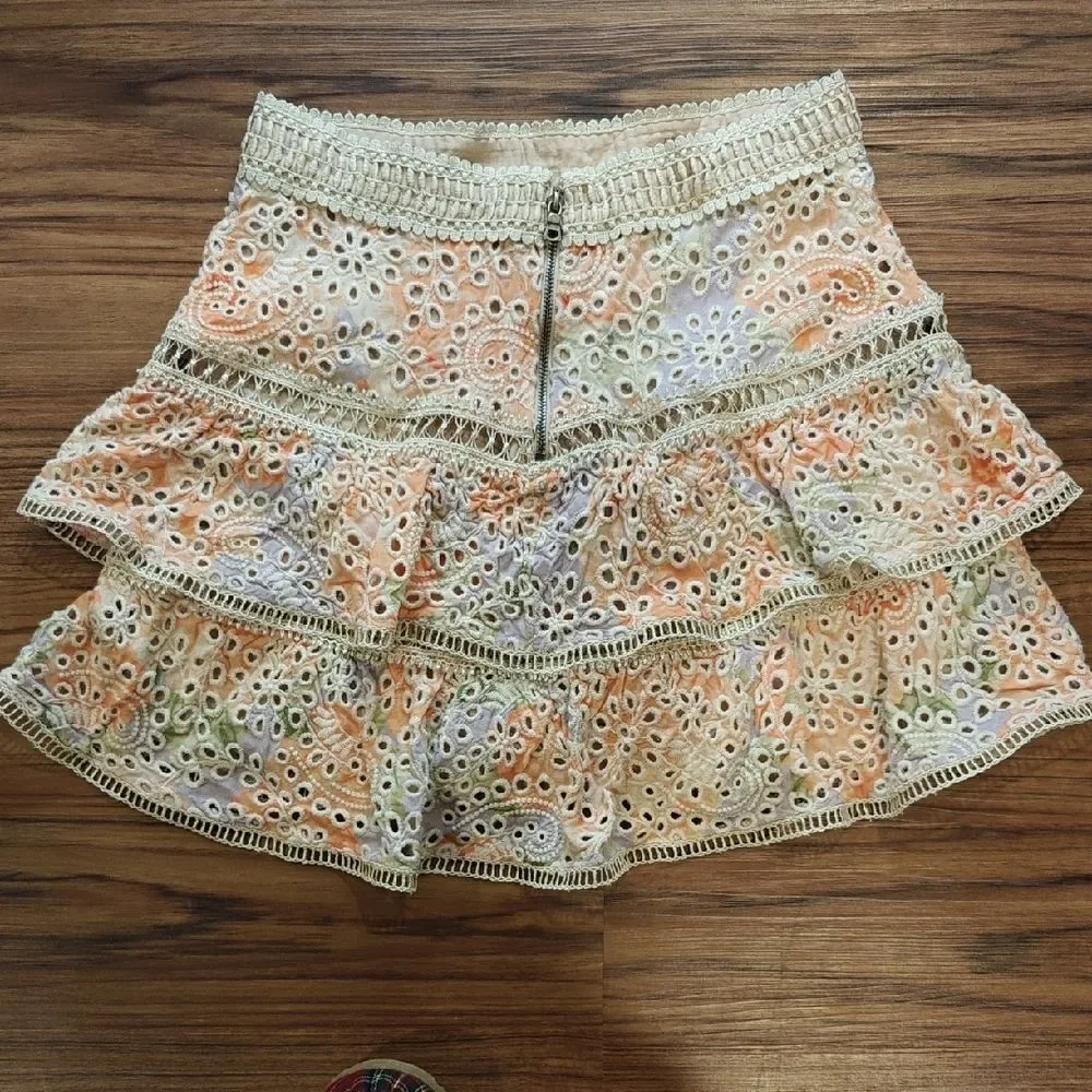 Alice + Olivia Cream and Orange Eyelet Mini Skirt